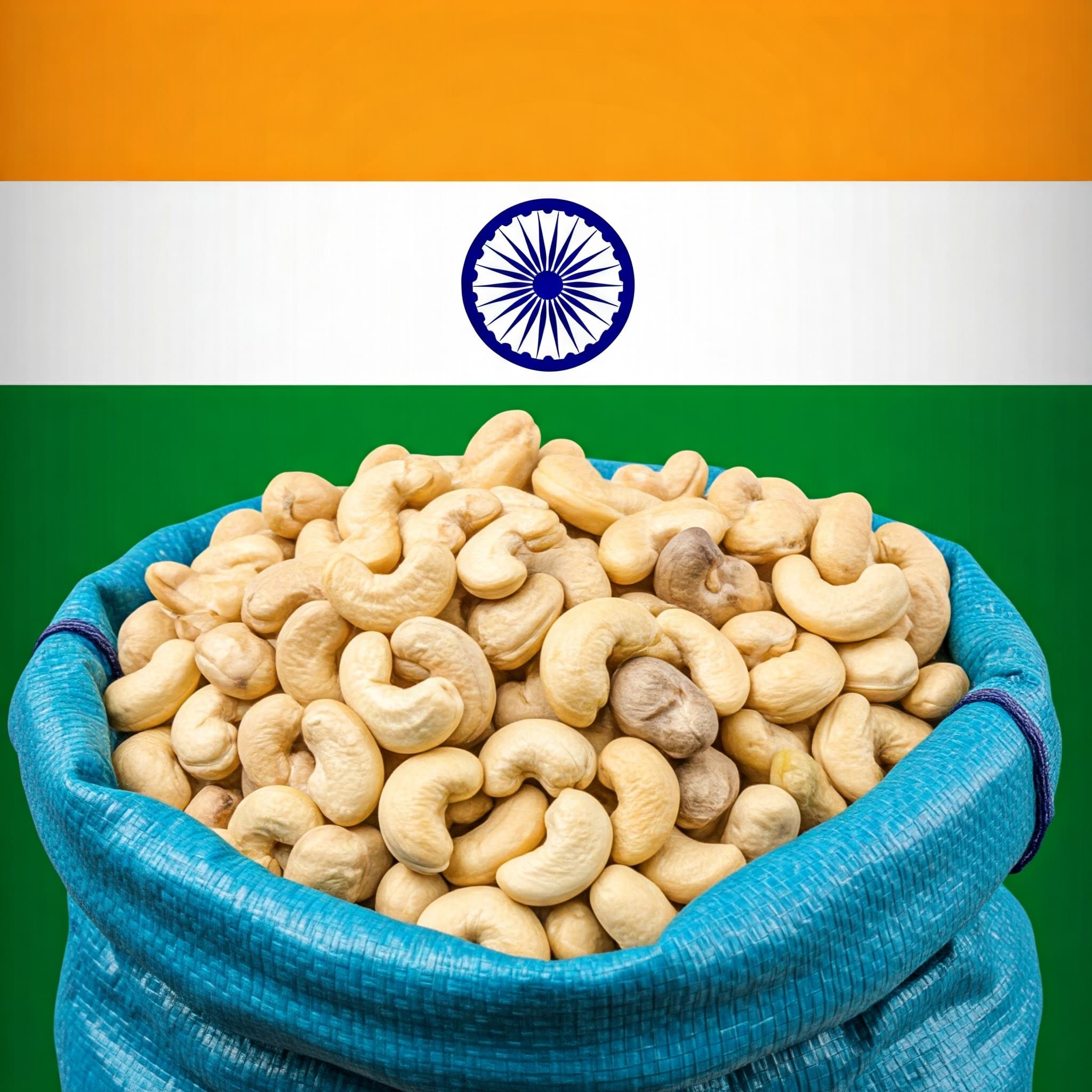 인도 국기가 있는 수출용 자루에 담긴 캐슈넛 (AI 생성 이미지)