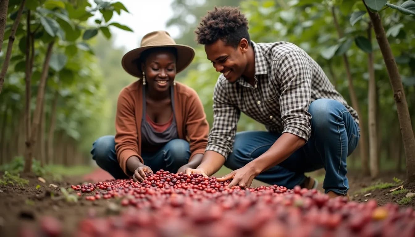 Agriculteurs africains récoltant des cerises de café (Image générée par IA)
