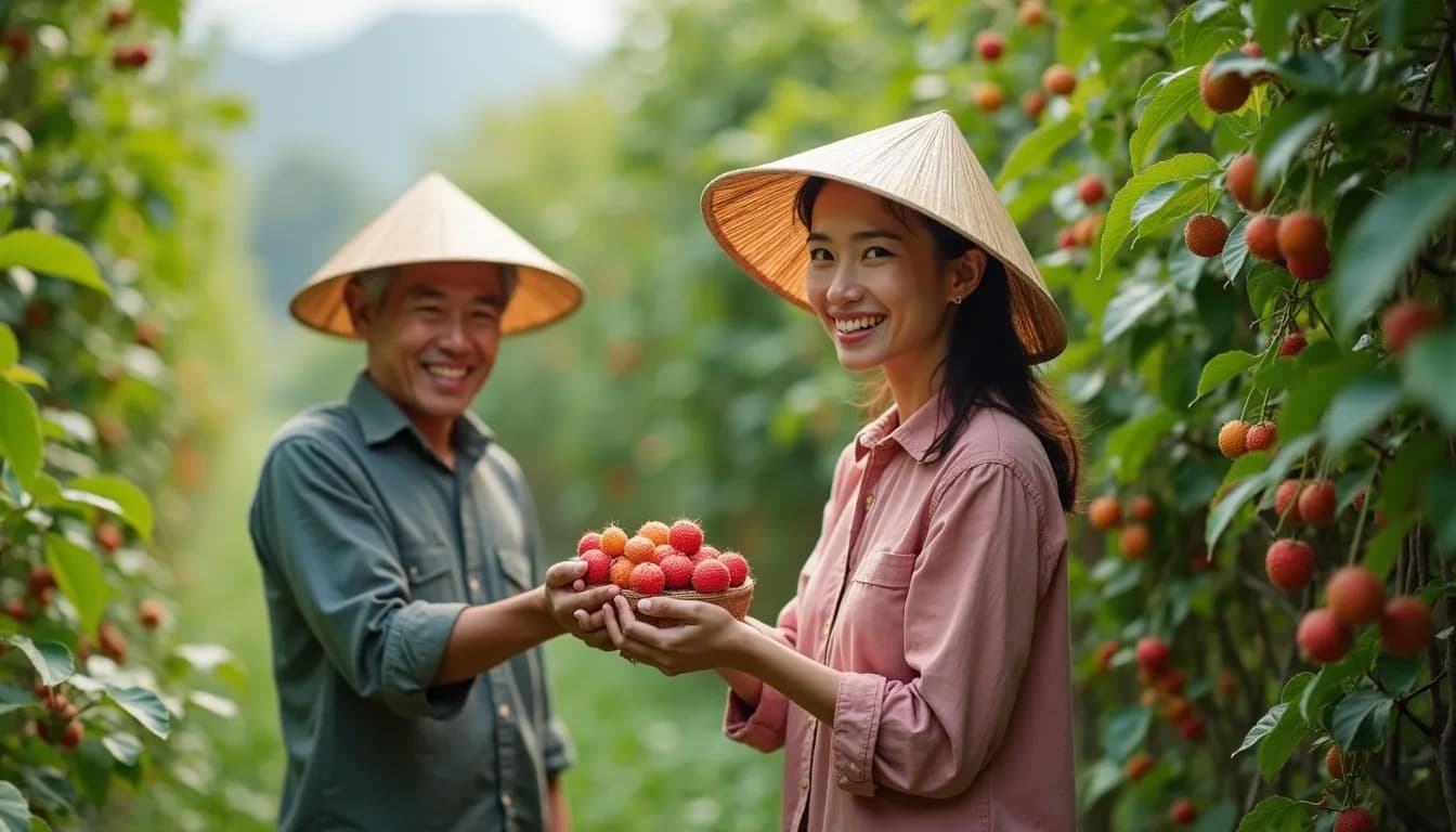 Les agriculteurs vietnamiens à la cueillette des litchis (Image générée par IA)