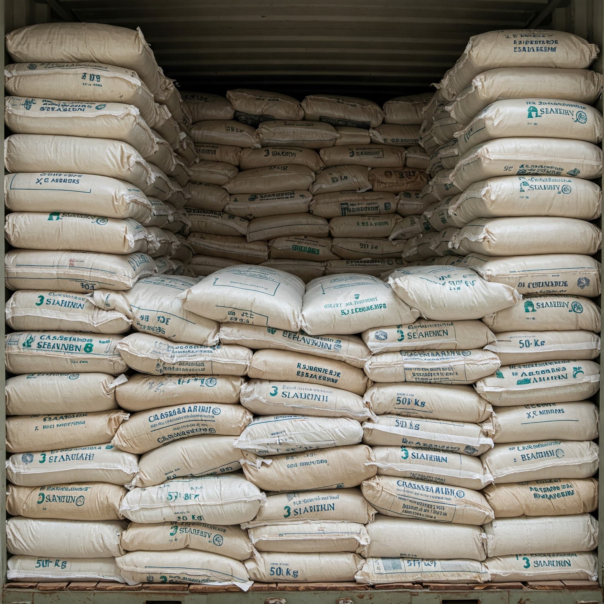 컨테이너 안의 카사바 가루 포대들 (AI 생성 이미지)