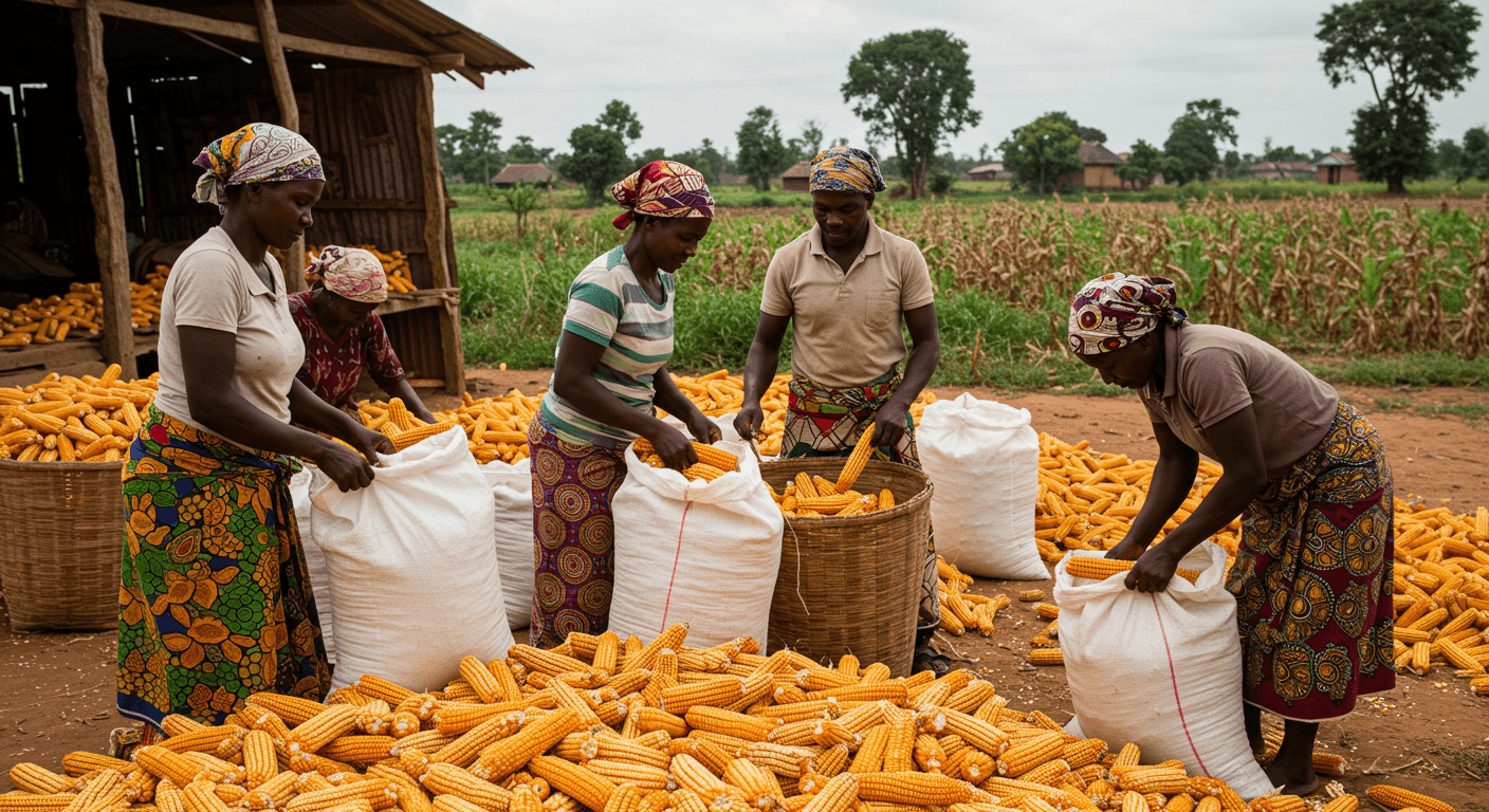 Eine Gruppe von Frauen verpackte Mais nach der Ernte in Togo (KI-generiertes Bild)