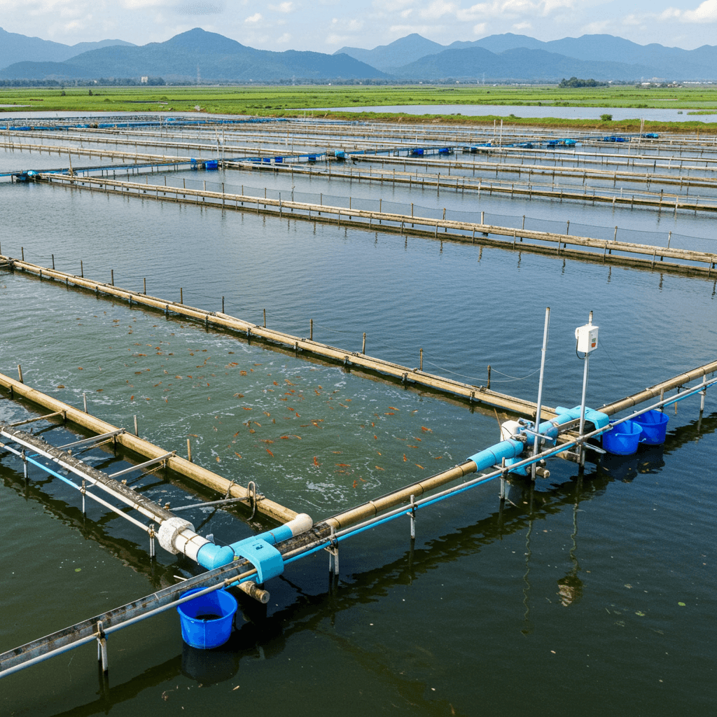 Ekologiczna ferma krewetek w Wietnamie z systemami recyrkulacji wody (Obraz wygenerowany przez AI)