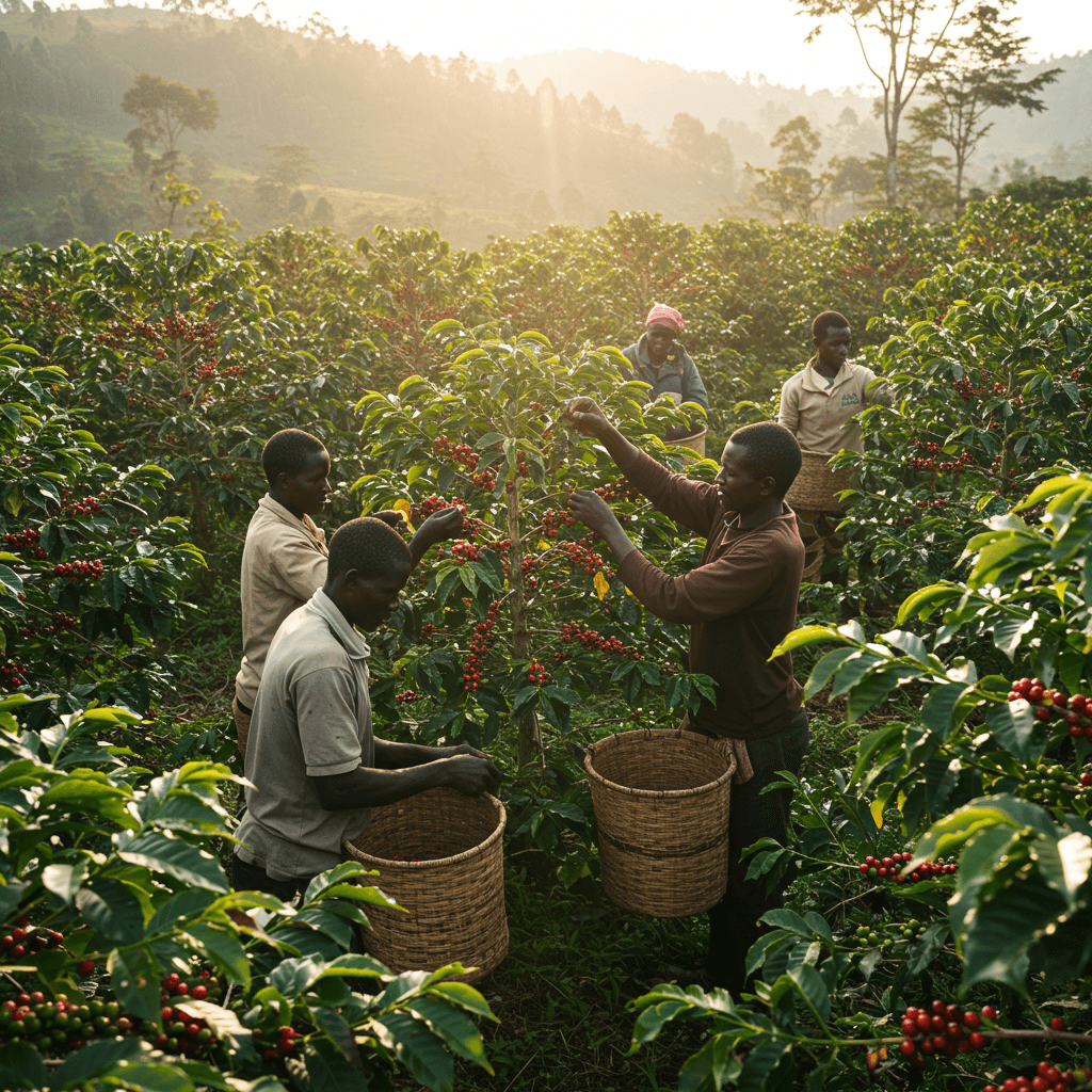 우간다 커피 농부의 커피 체리 수확 장면 (AI 생성 이미지)