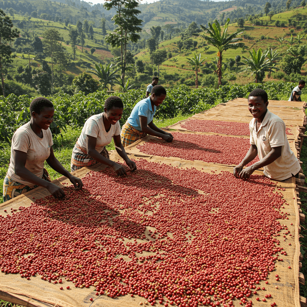 우간다 커피 농부들이 햇볕에 말리는 커피 체리 (AI 생성 이미지)