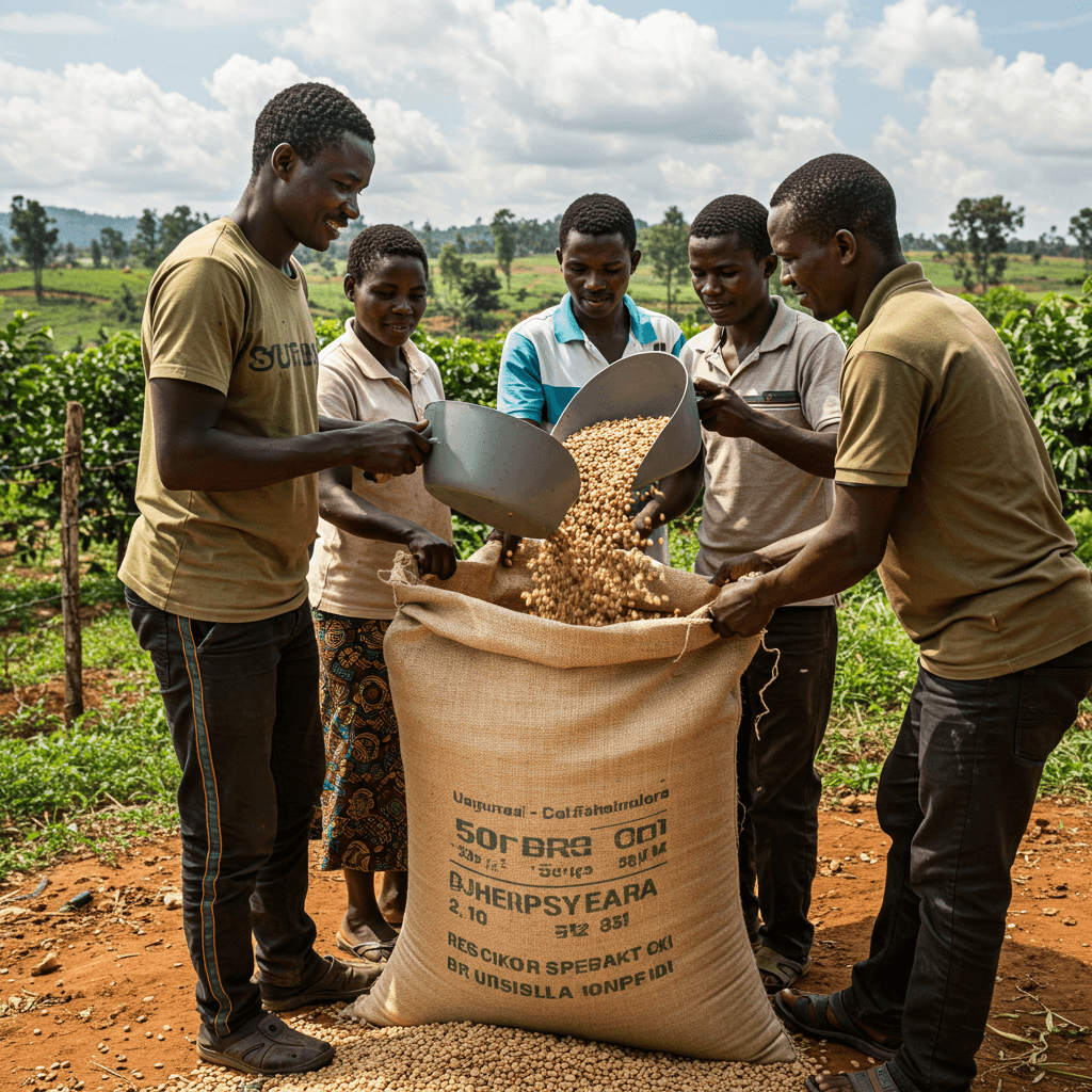 로부스타 커피를 50kg 수출용 포대에 포장하는 우간다 농부들 (AI 생성 이미지)