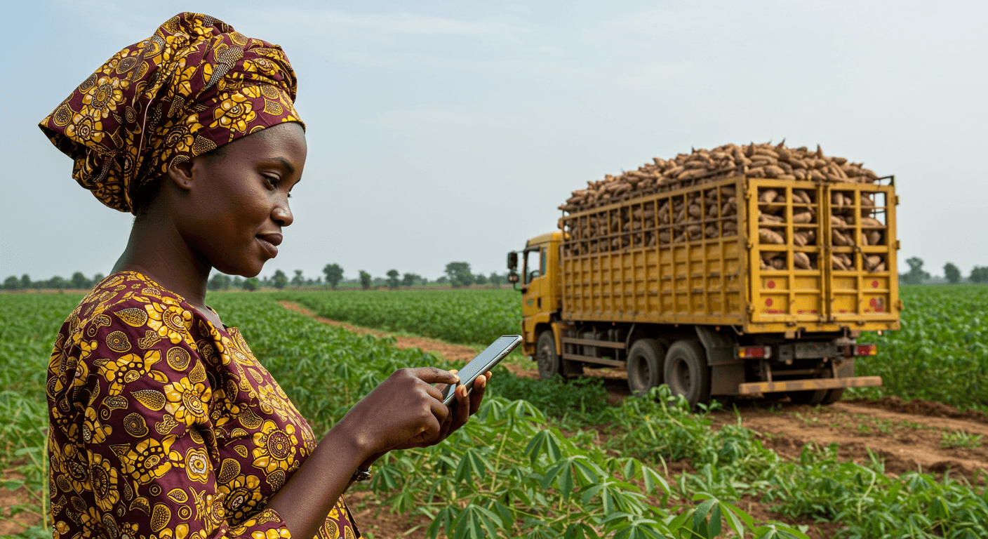Agricultora nigeriana usando una aplicación móvil para monitorear el transporte de raíces de yuca frescas en camión (imagen generada por IA)