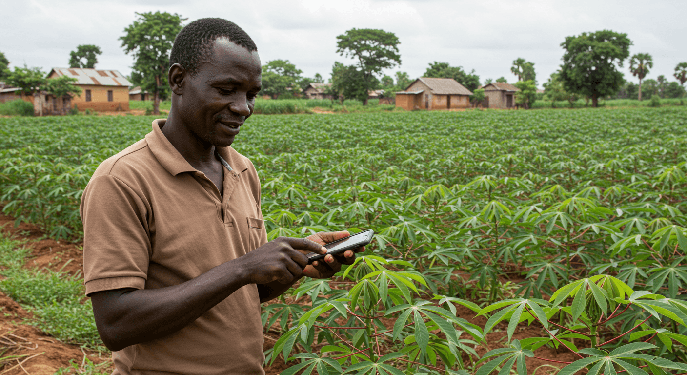 Agricultor marfileño usando una aplicación móvil para monitorear su campo de yuca (imagen generada por IA)