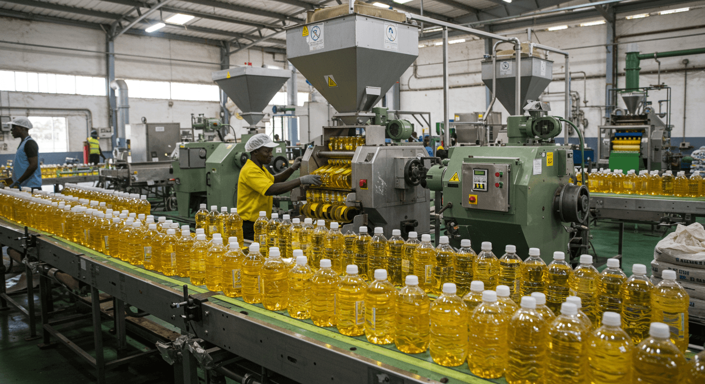 탄자니아 공장의 해바라기유 생산 라인 (AI 생성 이미지)