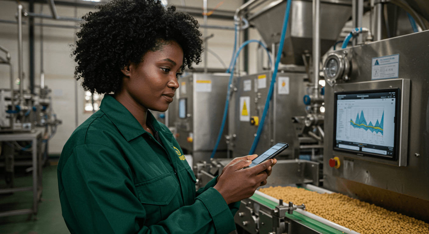 Ingeniera tanzana usando una aplicación móvil para monitorear la producción de aceite de soya (imagen generada por IA)