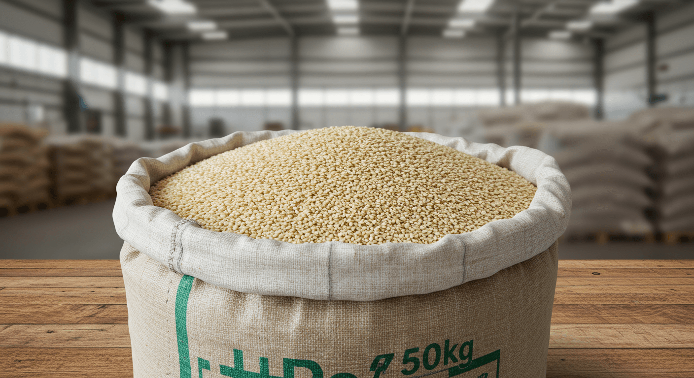 50 किलोग्राम के निर्यात बैग में सफेद तिल के बीज (एआई द्वारा जनित छवि)