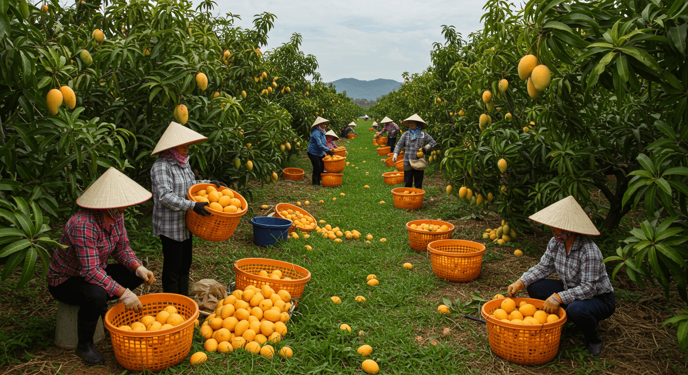 Farmers are harvesting mangoes in Vietnam (AI-generated image)