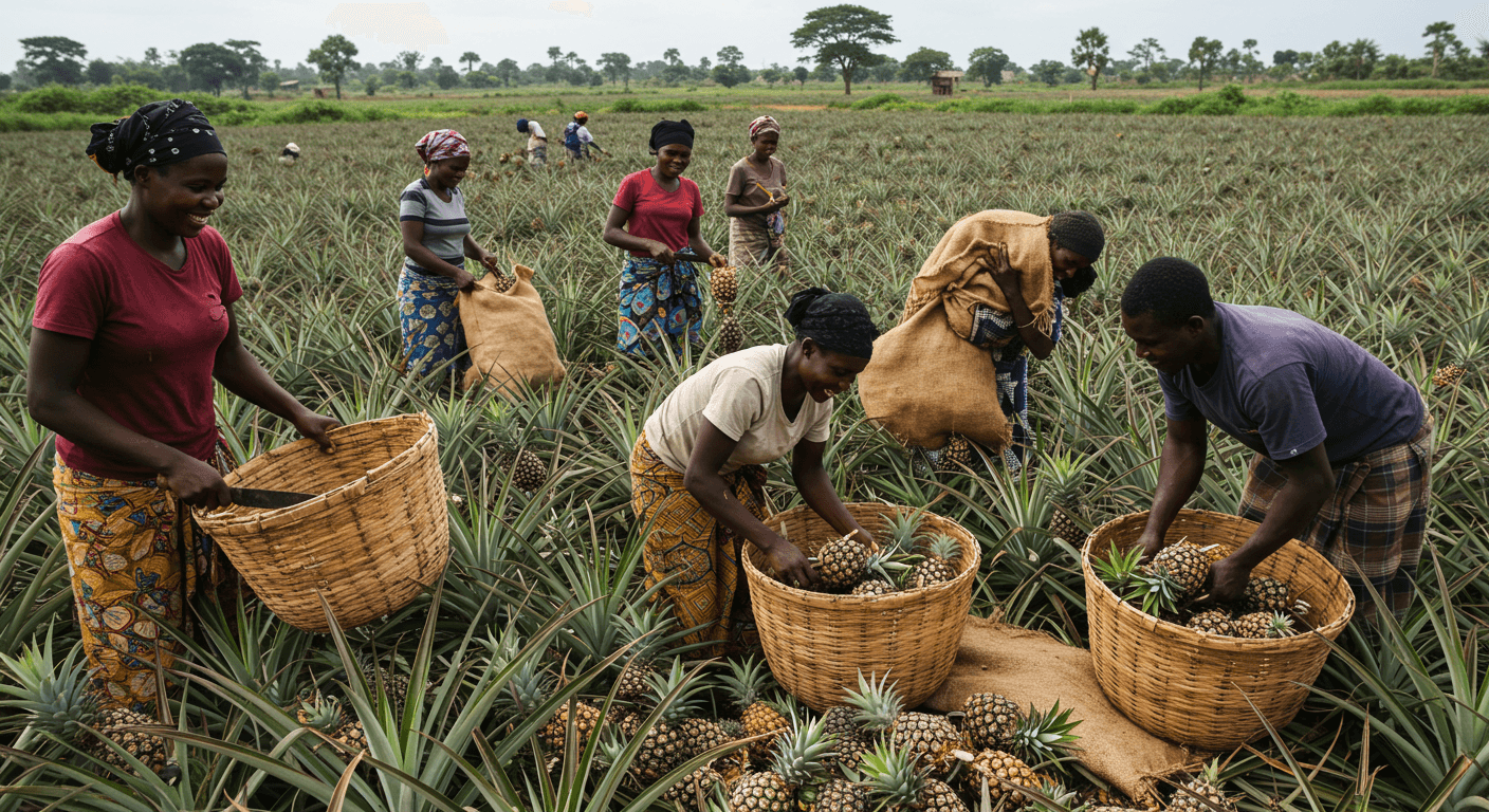 Ghanaian farmers harvesting pineapples (AI-generated image)