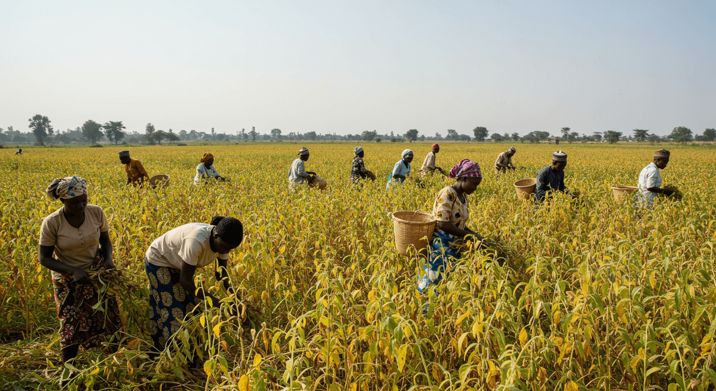 Nigerian farmers harvesting sesame (AI-generated image)