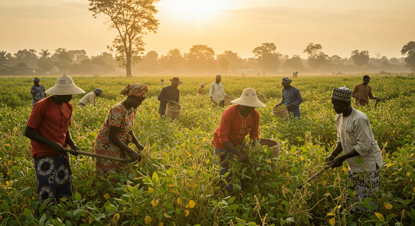 Nigerian farmers harvesting soybeans (AI-generated image)