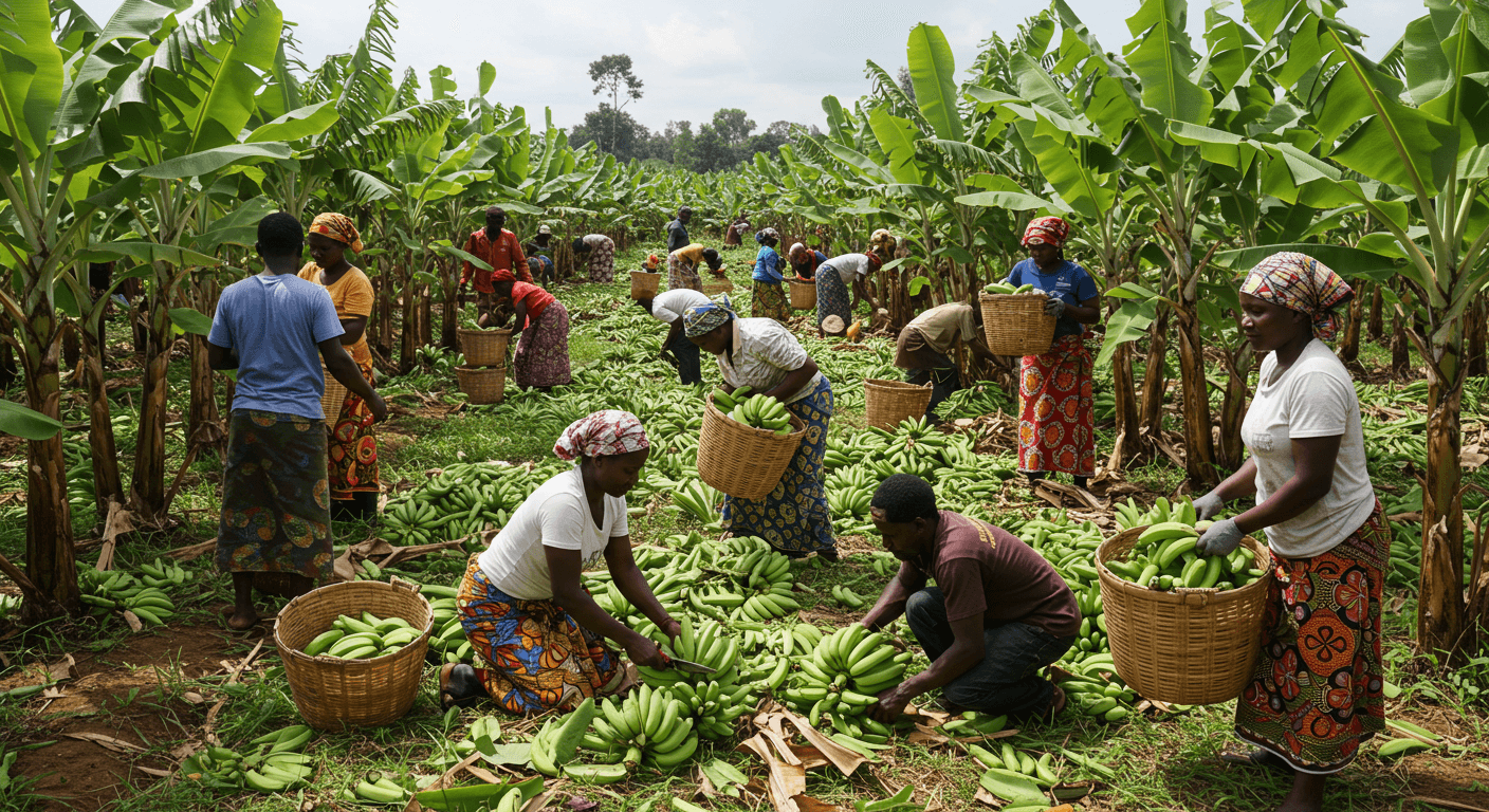 Members of an agricultural cooperative in Cameroon harvesting bananas together (AI-generated image)