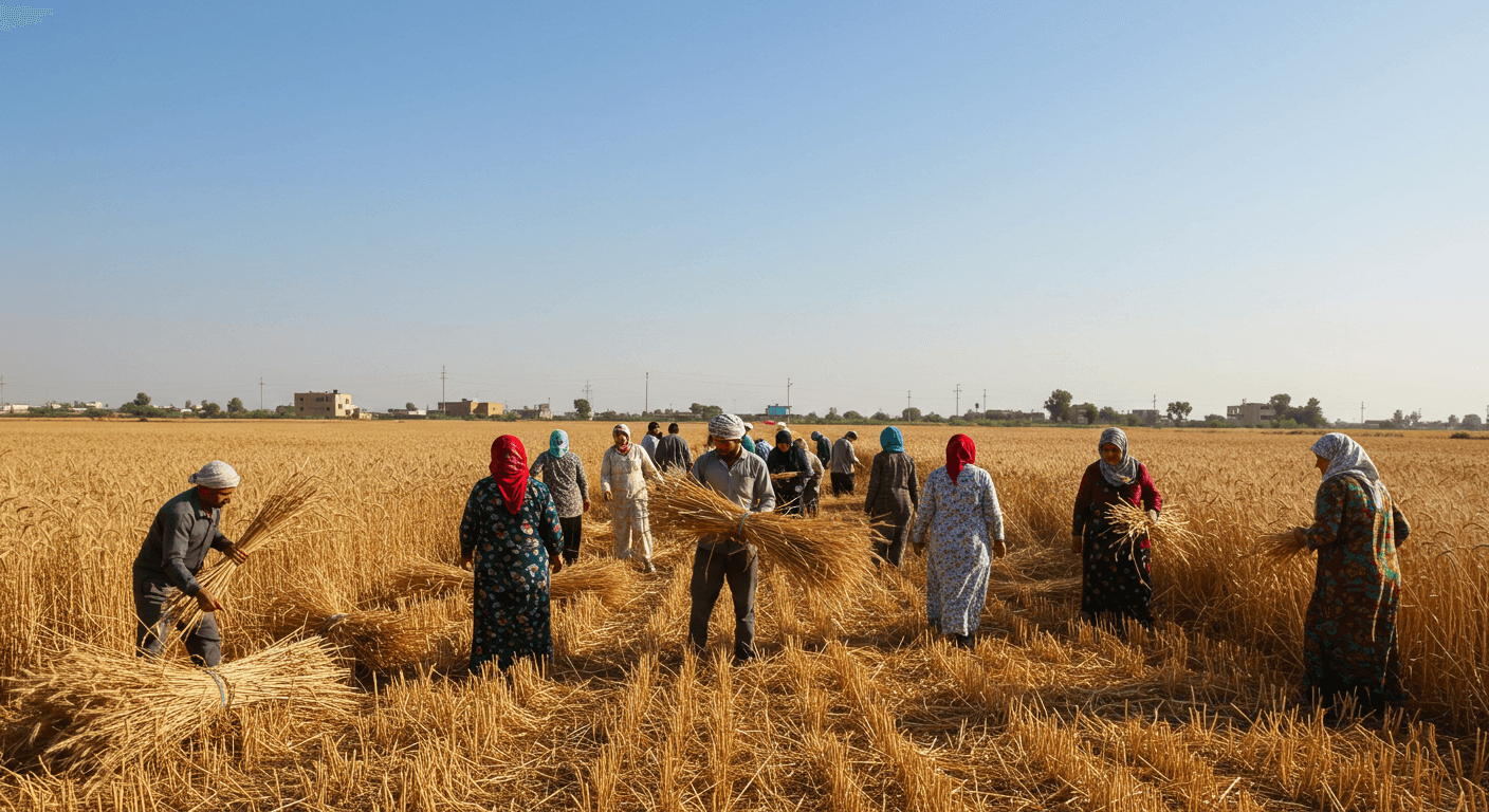 Members of an agricultural cooperative in Egypt harvesting wheat together (AI-generated image)