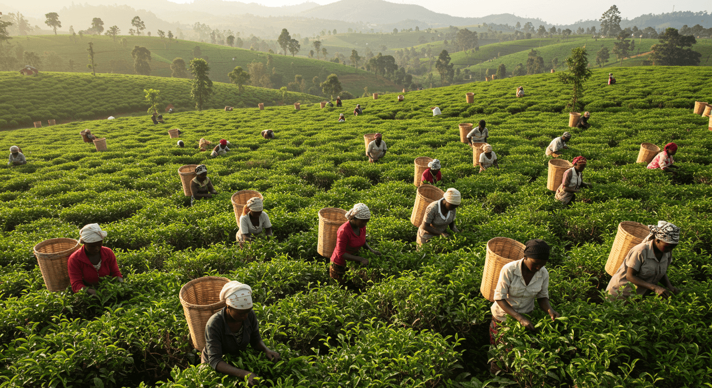 Members of an agricultural cooperative in Uganda harvesting tea leaves together (AI-generated image)