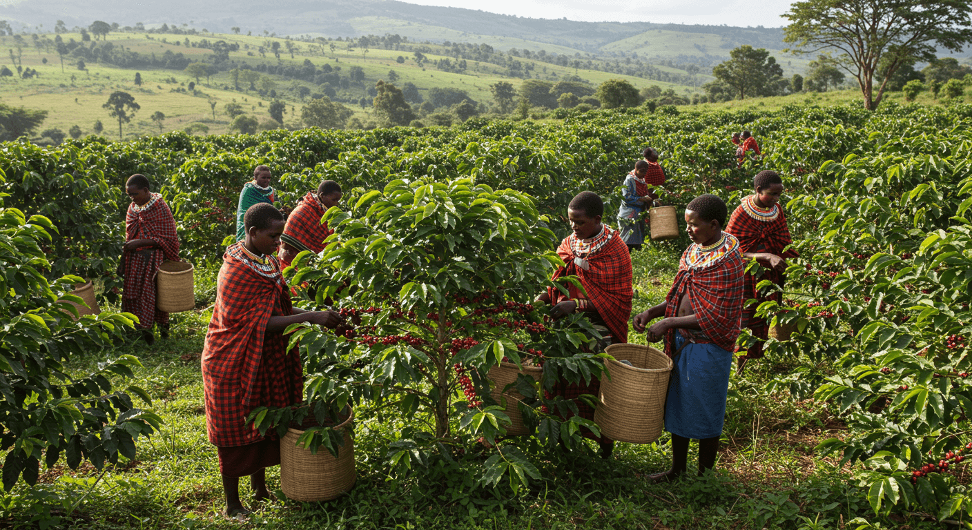 Farmers harvesting coffee cherries in Tanzania (AI-generated image)