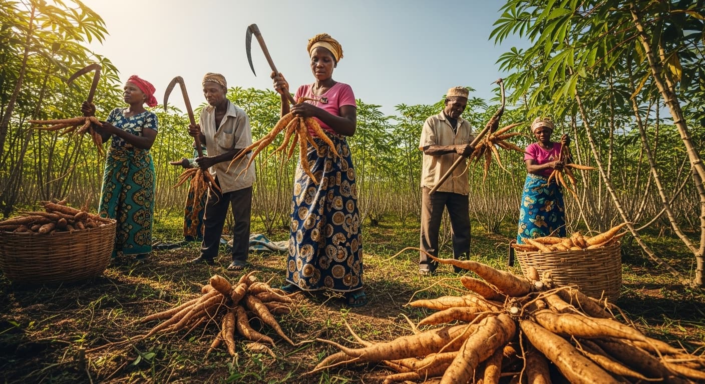 Nigerian farmers harvesting fresh cassava roots (AI-generated image)