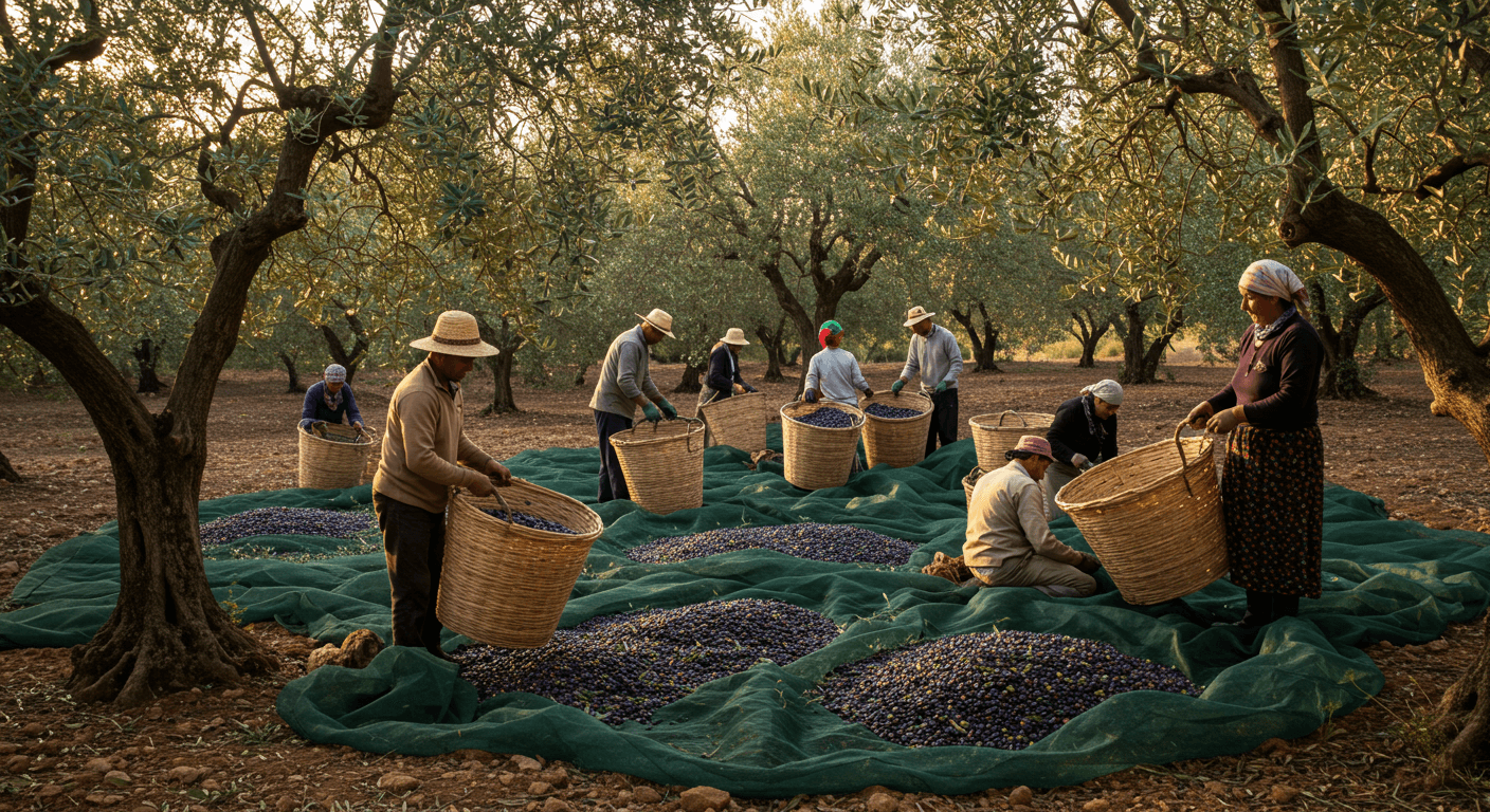 तुनिसिया में जैतून की फसल काटते किसानों का एक समूह (एआई द्वारा निर्मित चित्र)