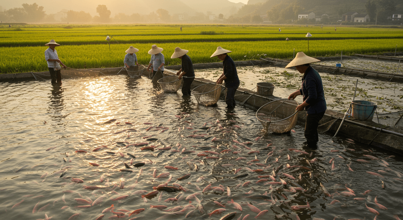 चीन में तिलापिया तालाब की देखभाल करते किसानों का एक समूह (एआई द्वारा निर्मित चित्र)