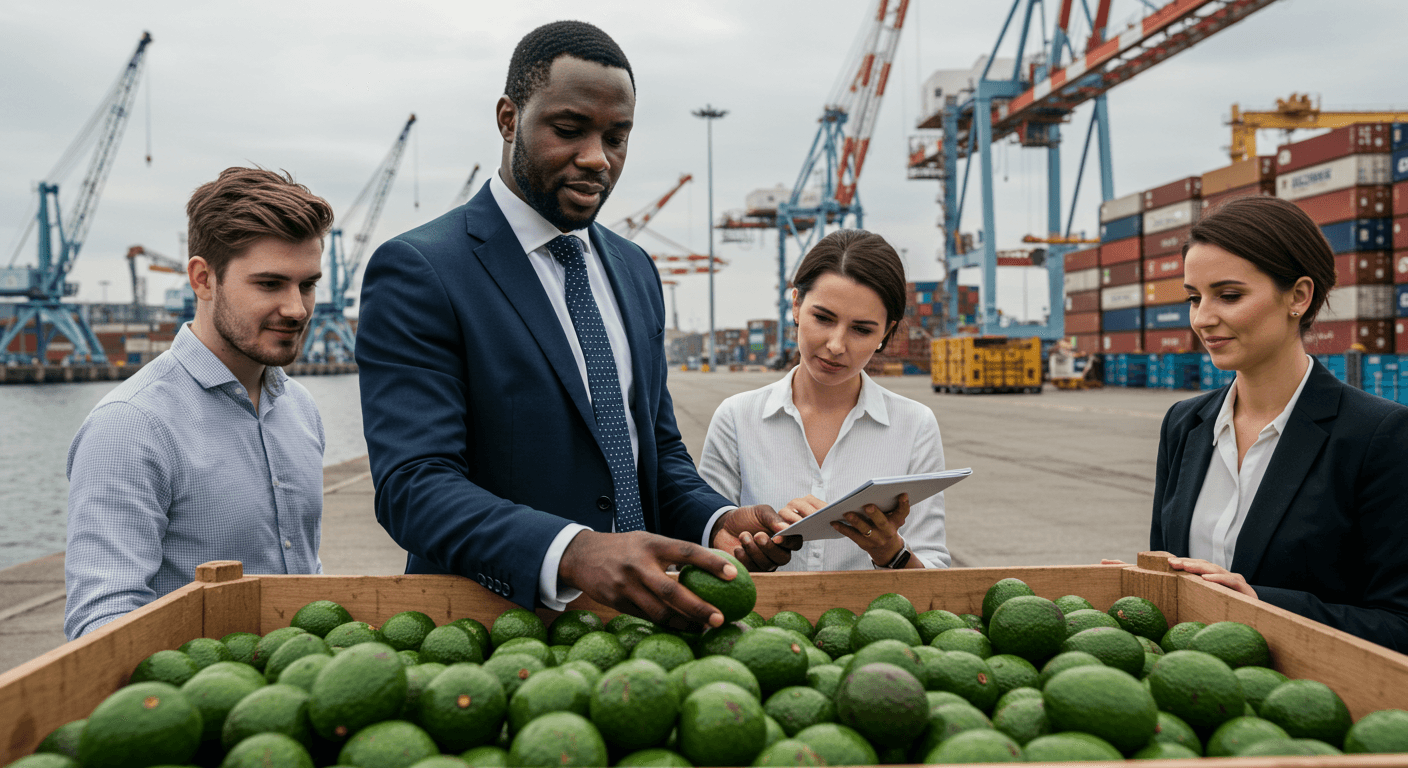 Ein Unternehmer aus der afrikanischen Diaspora, unterstützt von seinem deutschen Personal, inspizierte einen Container mit Avocados im Hafen von Hamburg, Deutschland (KI-generiertes Bild).