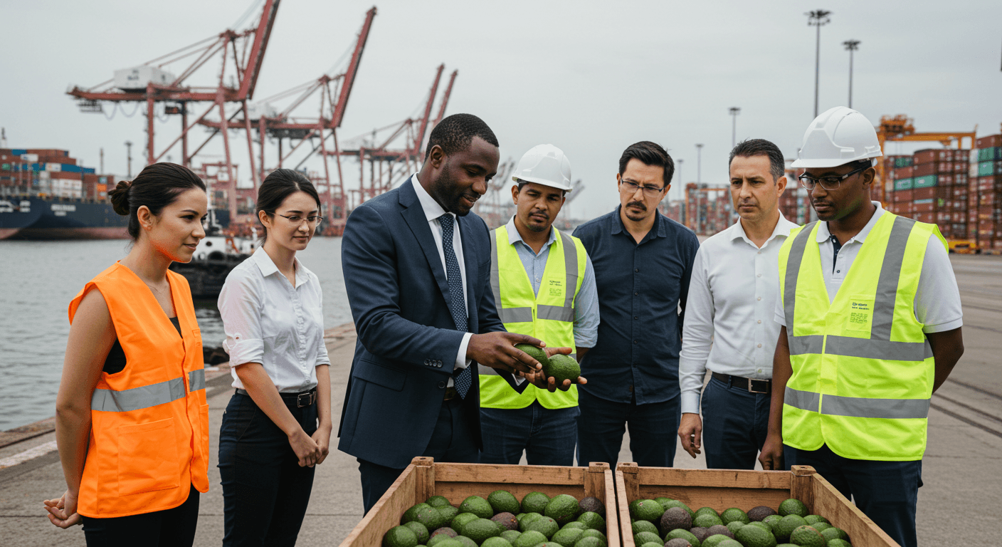 Un imprenditore della diaspora africana, assistito dal suo personale tedesco, ha ispezionato un container di avocado al porto di Amburgo, Germania (immagine generata dall’IA).