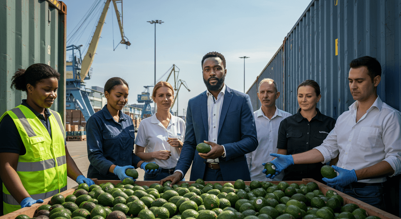 Un empresario de la diáspora africana, asistido por su personal alemán, inspeccionó un contenedor de aguacates en el puerto de Hamburgo, Alemania (imagen generada por IA).