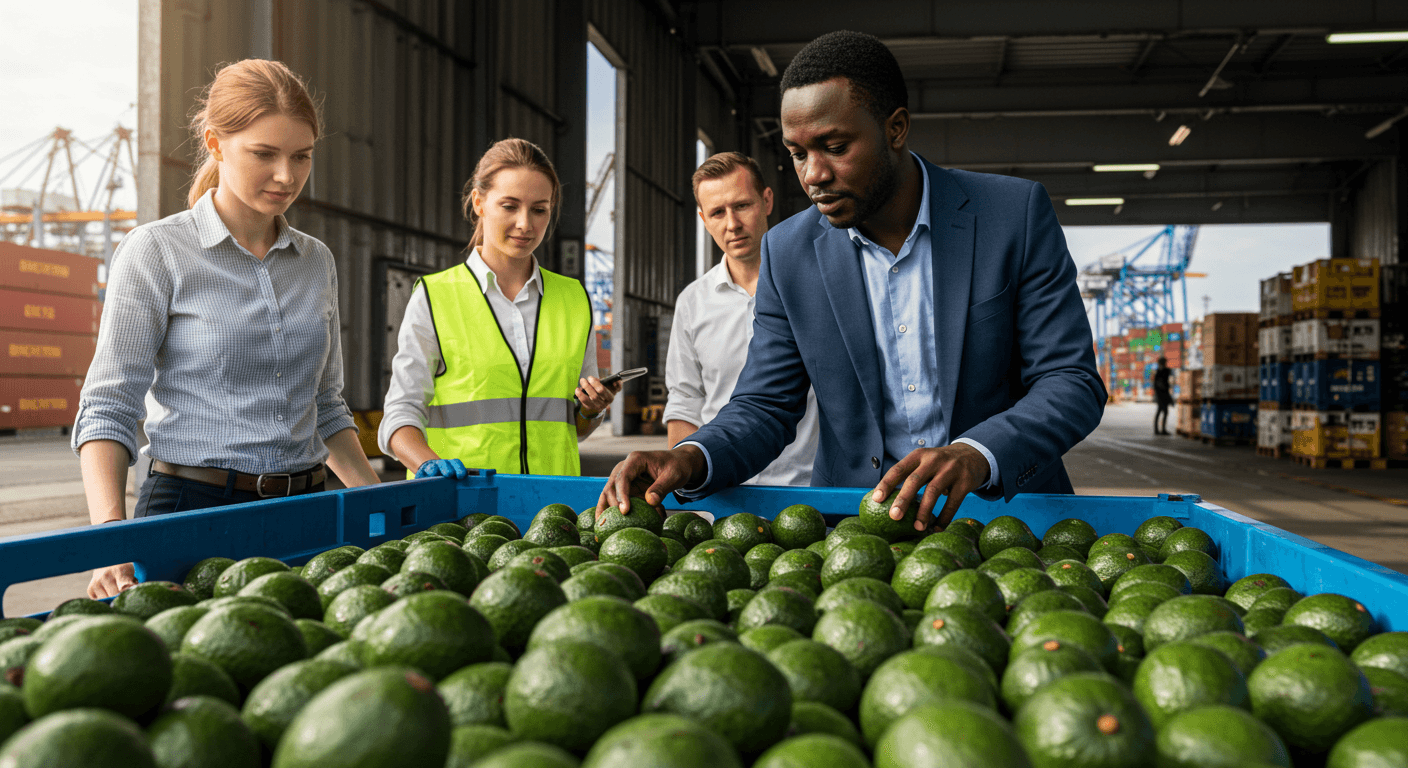 一位来自非洲侨民的企业家，在德国员工的协助下，在德国汉堡港检查了一批装有鳄梨的集装箱（AI生成的图像）。