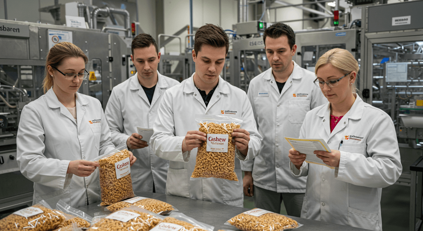 Des ouvriers dans une usine d'emballage allemande effectuent un contrôle qualité sur un sachet de 1 kg de snack aux noix de cajou destiné à être livré à un magasin de détail en Allemagne (image générée par l'IA)