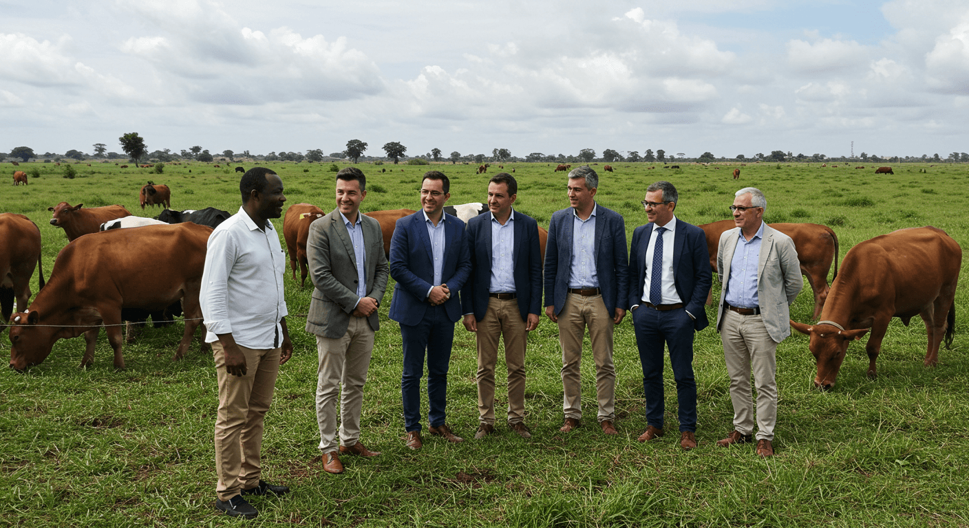 गायों की एक फार्म के आइवरी कोस्ट के मालिक ने एक दौरे के लिए स्पेनिश कृषि व्यवसाय के नेताओं का स्वागत किया (एआई-जनित छवि)।