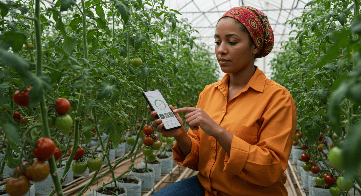 Une agricultrice marocaine utilise une application mobile pour surveiller des tomates cerises dans une serre (image générée par IA).