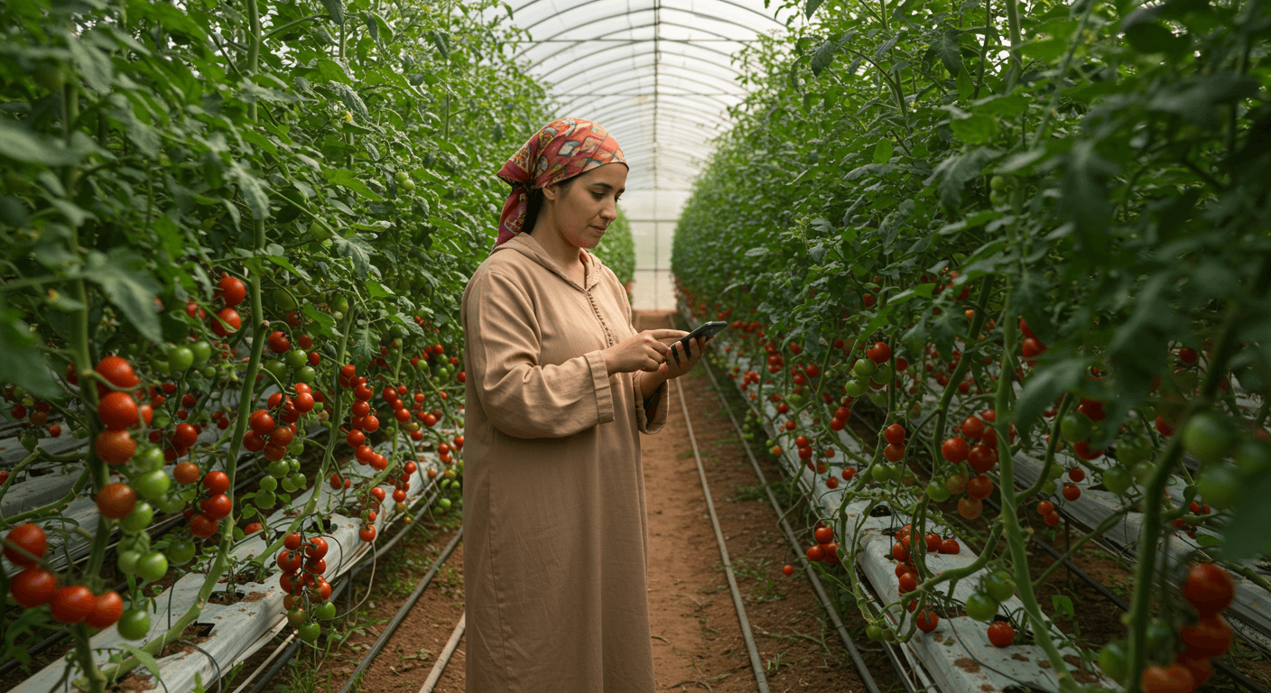 一名摩洛哥女农民正在使用手机应用程序在温室中监测樱桃番茄（AI 生成的图像）。