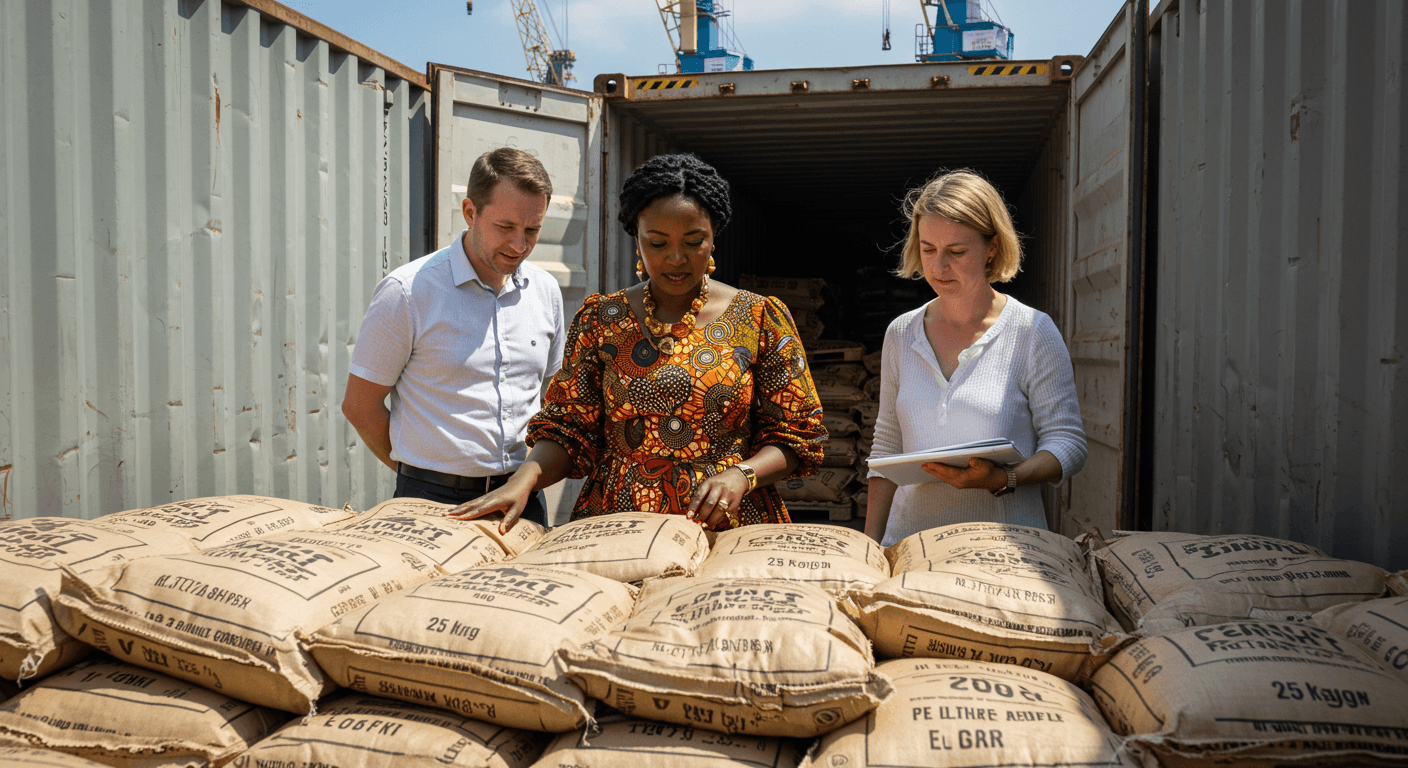 अफ़्रीकी प्रवासी की एक महिला उद्यमी ने अपने बेल्जियम स्टाफ की मदद से बेल्जियम के एंटवर्प बंदरगाह पर 25 किलोग्राम के बैग में पैक कोको पाउडर के कंटेनर का निरीक्षण किया (एआई द्वारा निर्मित चित्र)।