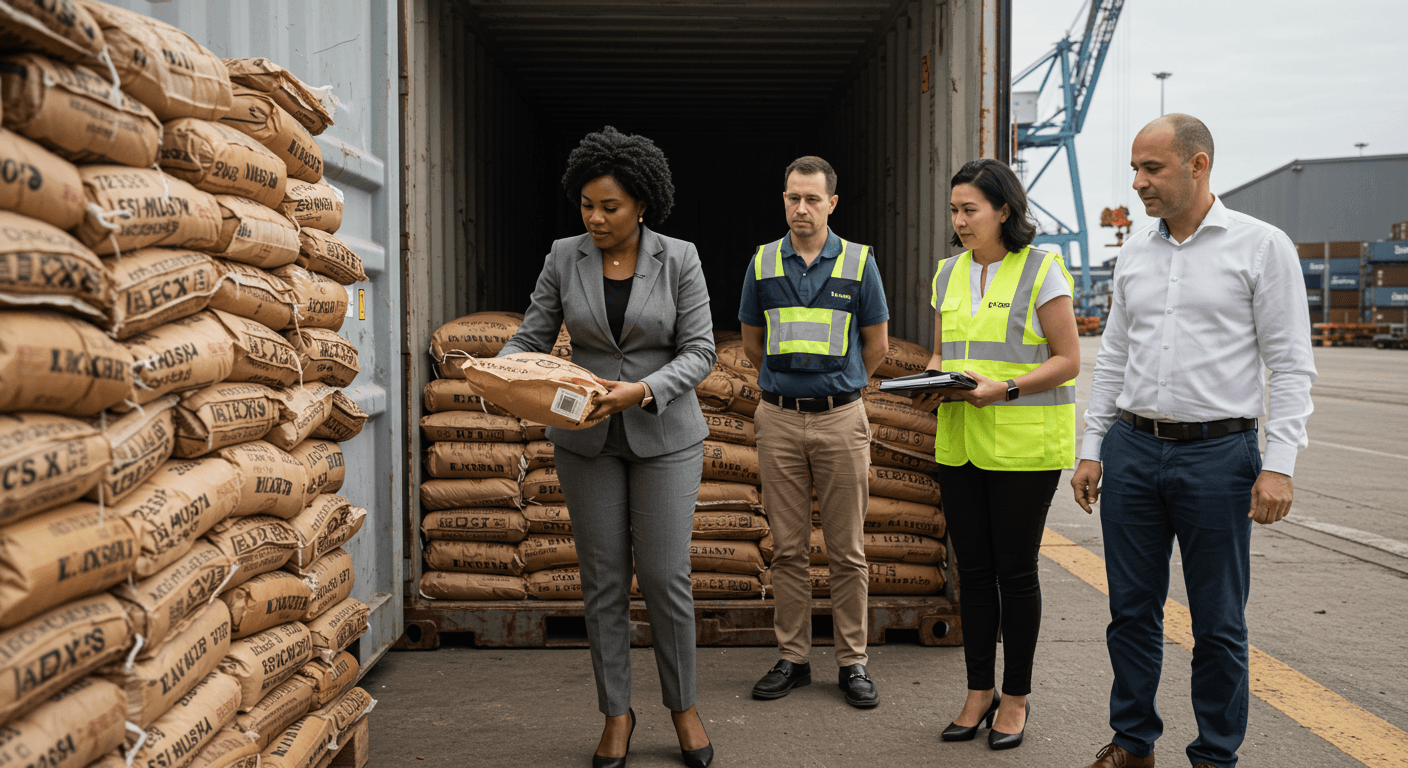 一位非洲侨民女企业家在比利时员工的协助下，在比利时安特卫普港检查了一批装在25公斤袋中的可可粉集装箱（AI生成的图像）。