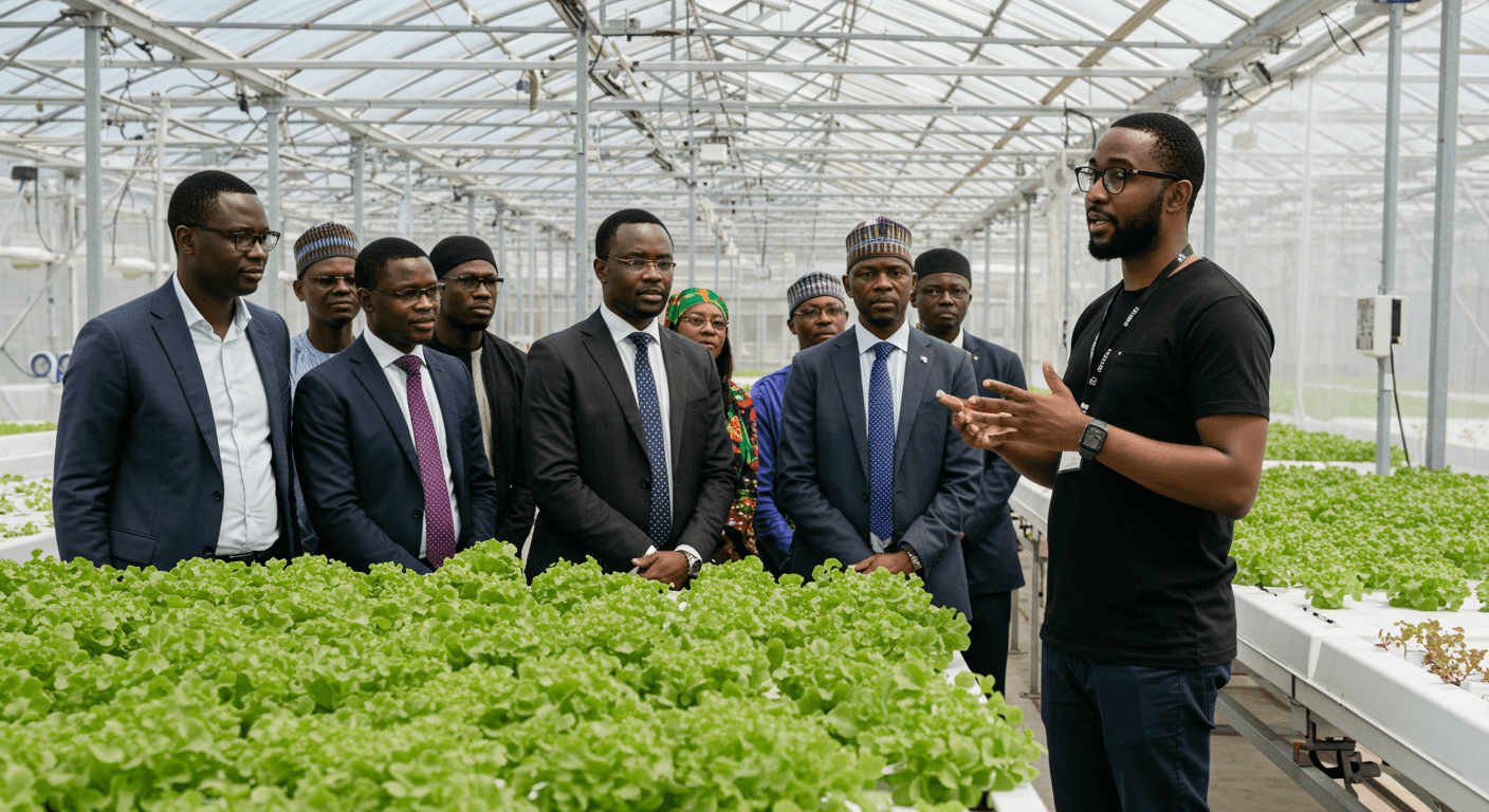 अफ्रीकी प्रवासी समुदाय के एक जर्मन उद्यमी ने नाइजीरियाई व्यवसायी पुरुषों और महिलाओं के एक प्रतिनिधिमंडल को एक हाइड्रोपोनिक ग्रीनहाउस दिखाया (एआई द्वारा निर्मित छवि)।