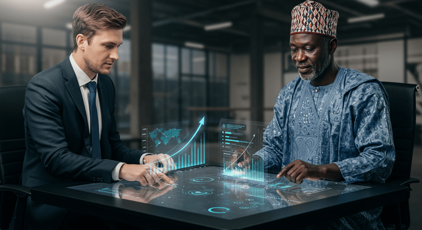Deux cadres — l’un espagnol en costume et l’autre africain en tenue traditionnelle d’Afrique de l’Ouest — penchent sur un tableau de bord d’investissement numérique sur une table à écran tactile, avec des graphiques holographiques montrant la hausse des rendements et des retours. (Image générée par IA)