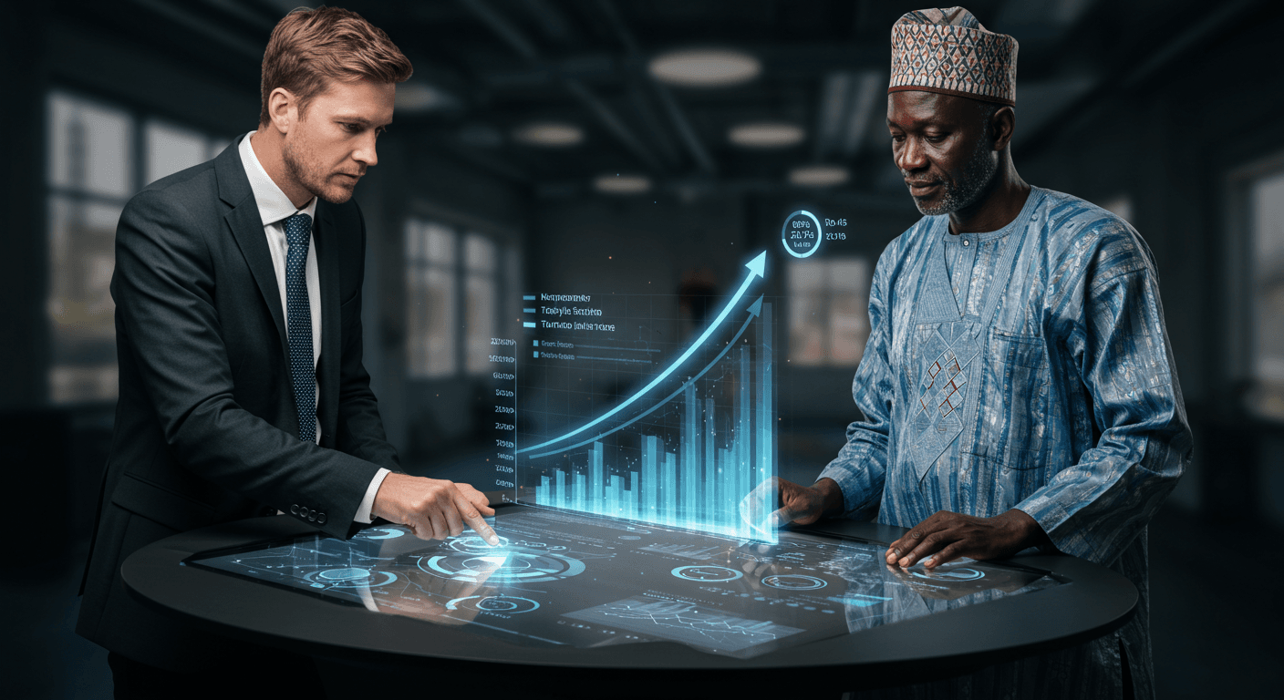 Dois executivos — um espanhol de terno e um africano com traje tradicional da África Ocidental — inclinam‐se sobre um painel de investimento digital em uma mesa com tela sensível ao toque, com gráficos holográficos mostrando o aumento dos rendimentos e dos retornos. (Imagem gerada por IA)