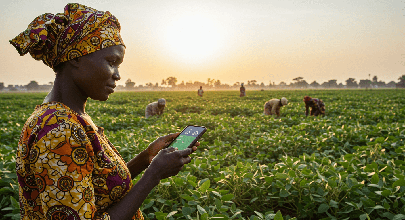 A female farmer is using a mobile app to monitor her soybean farm in Nigeria (AI-generated image).
