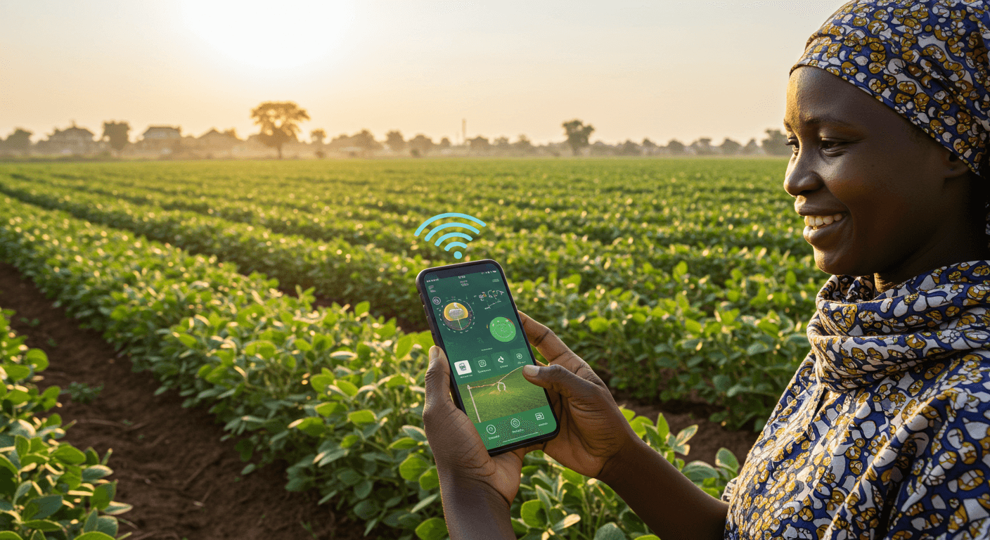 一位女性农民正在使用移动应用监测她在尼日利亚的大豆农场（AI生成的图像）。