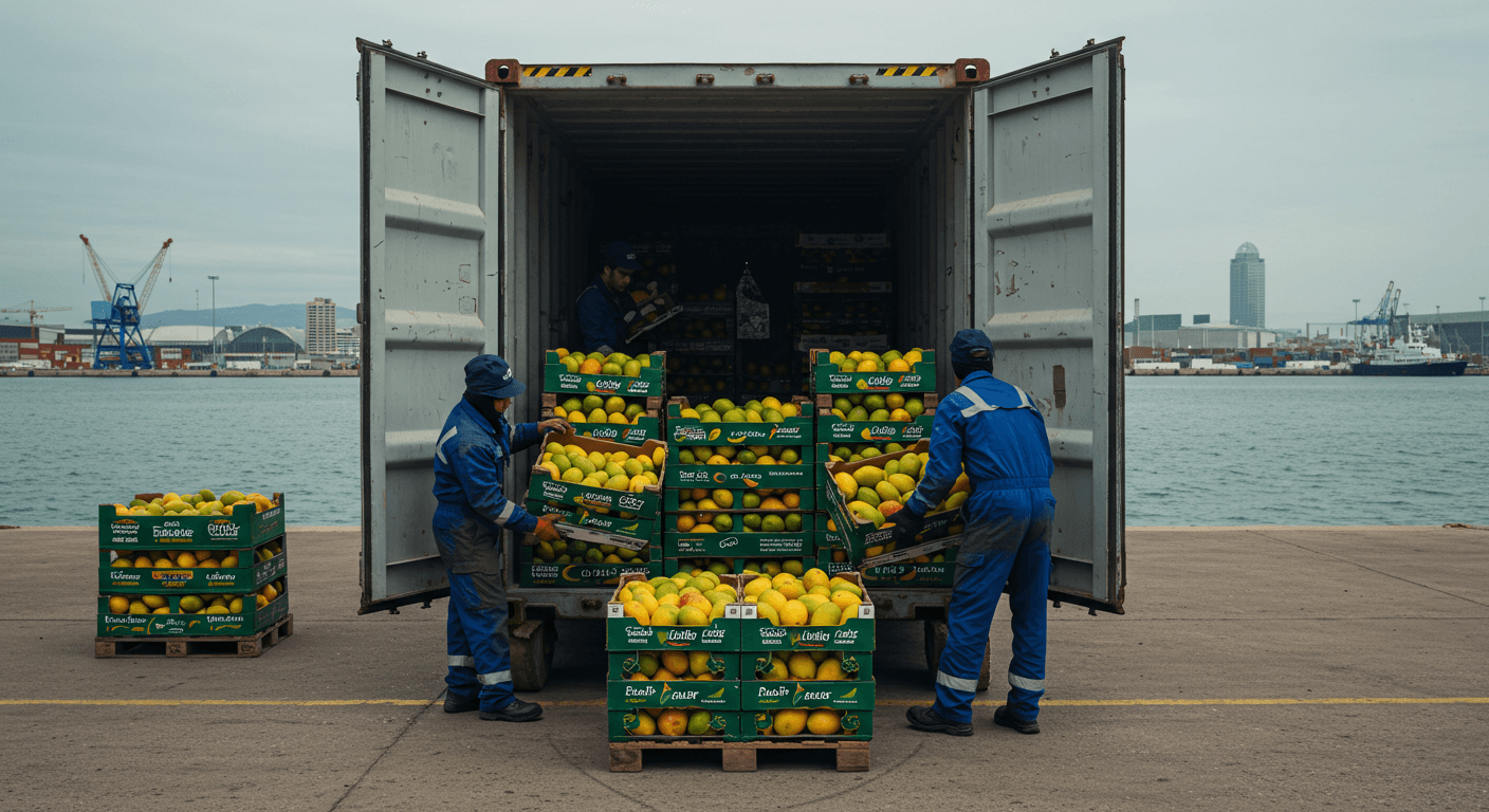 Un conteneur frigorifique est en cours de chargement avec des mangues fraîches portant les logos de certification biologique de l'UE, amarré au port de Barcelone (image générée par IA).