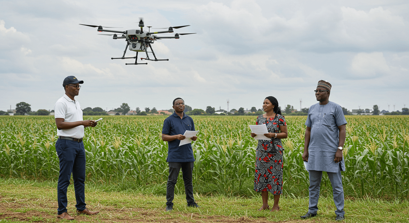 अफ़्रीकी प्रवासी समुदाय के एक जर्मन उद्यमी ने नाइजीरियाई व्यवसायी पुरुषों और महिलाओं के एक प्रतिनिधिमंडल को दिखाया कि कृषि ड्रोन कैसे फसल की उत्पादकता में सुधार कर सकते हैं (एआई द्वारा निर्मित छवि)।