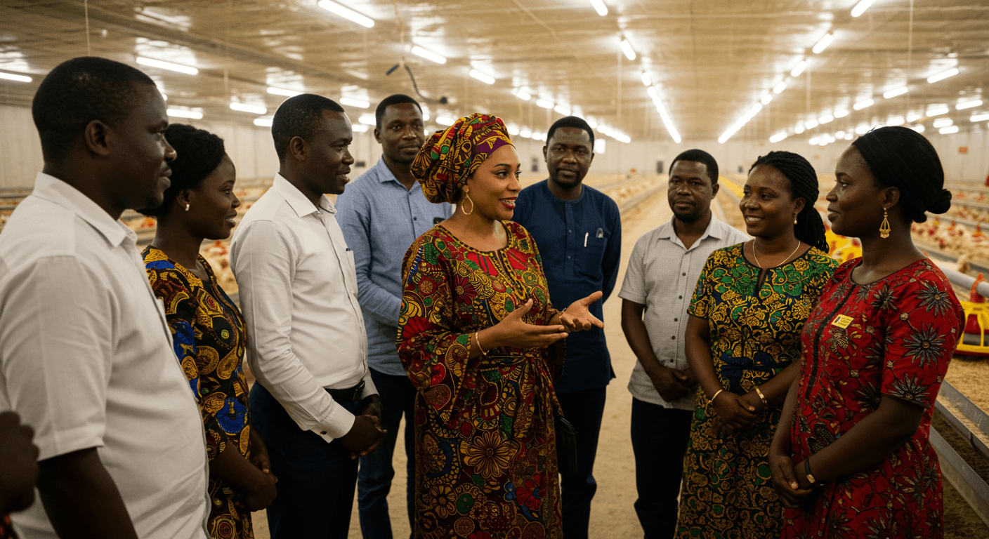 Un’imprenditrice della diaspora africana, assistita dal suo personale spagnolo, ha mostrato un allevamento avicolo high-tech a una delegazione di imprenditori e imprenditrici togolesi (immagine generata dall’IA).