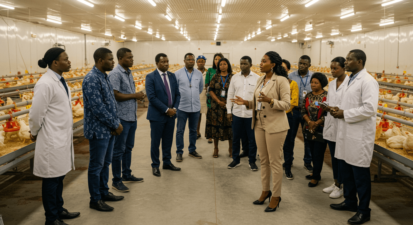 अफ्रीकी प्रवासी समुदाय की एक महिला उद्यमी ने, अपने स्पेनिश कर्मचारियों की सहायता से, टोगो के पुरुष और महिला व्यावसायिक प्रतिनिधिमंडल को एक उच्च-प्रौद्योगिकी वाला पोल्ट्री फार्म दिखाया (एआई द्वारा निर्मित चित्र)।