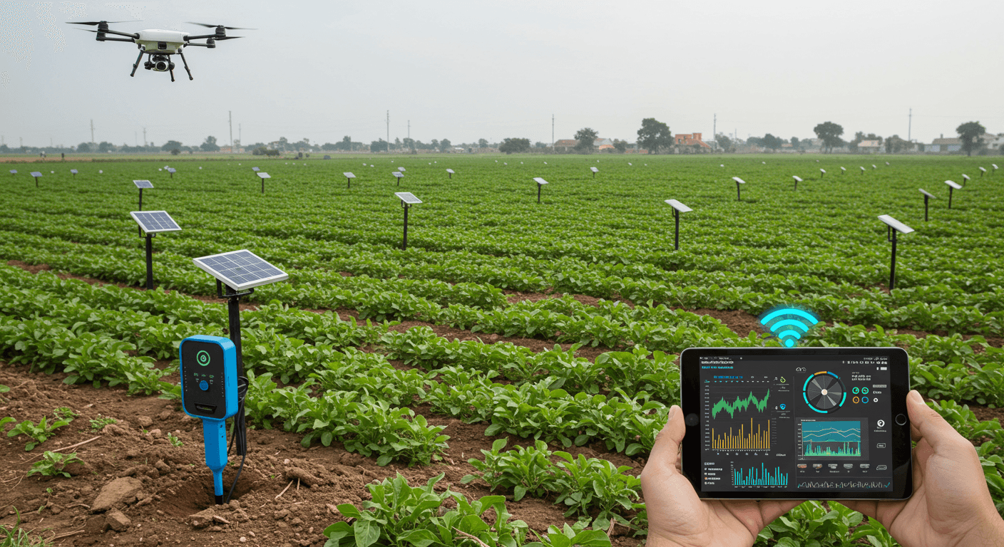 Uma fazenda moderna apresenta campos verdes e exuberantes sob luz natural. No primeiro plano, é visível tecnologia avançada de monitoramento da saúde do solo — um elegante dispositivo sensor IoT inserido no solo e conectado a um tablet ou smartphone que exibe dados do solo em tempo real (umidade, pH, nutrientes). (Imagem gerada por IA)