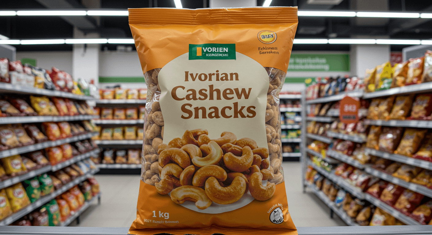 Snack de cajou ivoirien dans un sachet de 1 kg présenté dans un magasin de détail en Allemagne (image générée par l'IA)