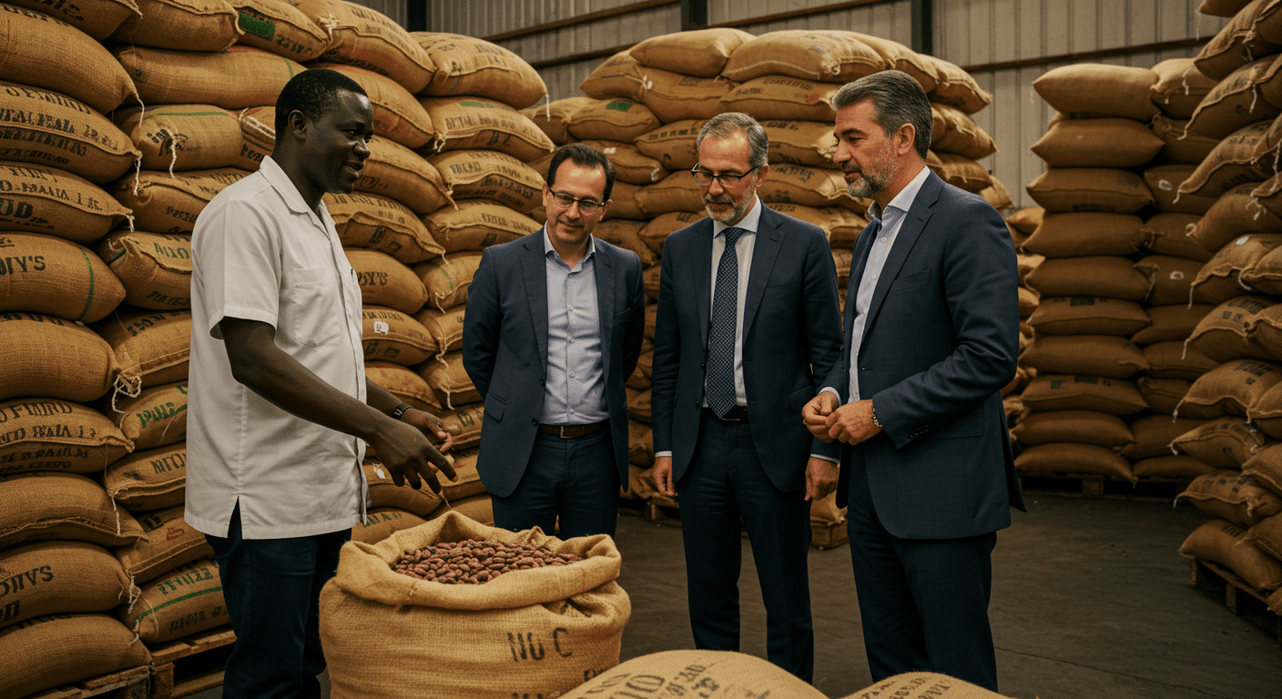 The Ivorian owner of a warehouse filled with sacks of cocoa beans welcomed Spanish agribusiness leaders for a visit (AI-generated image).
