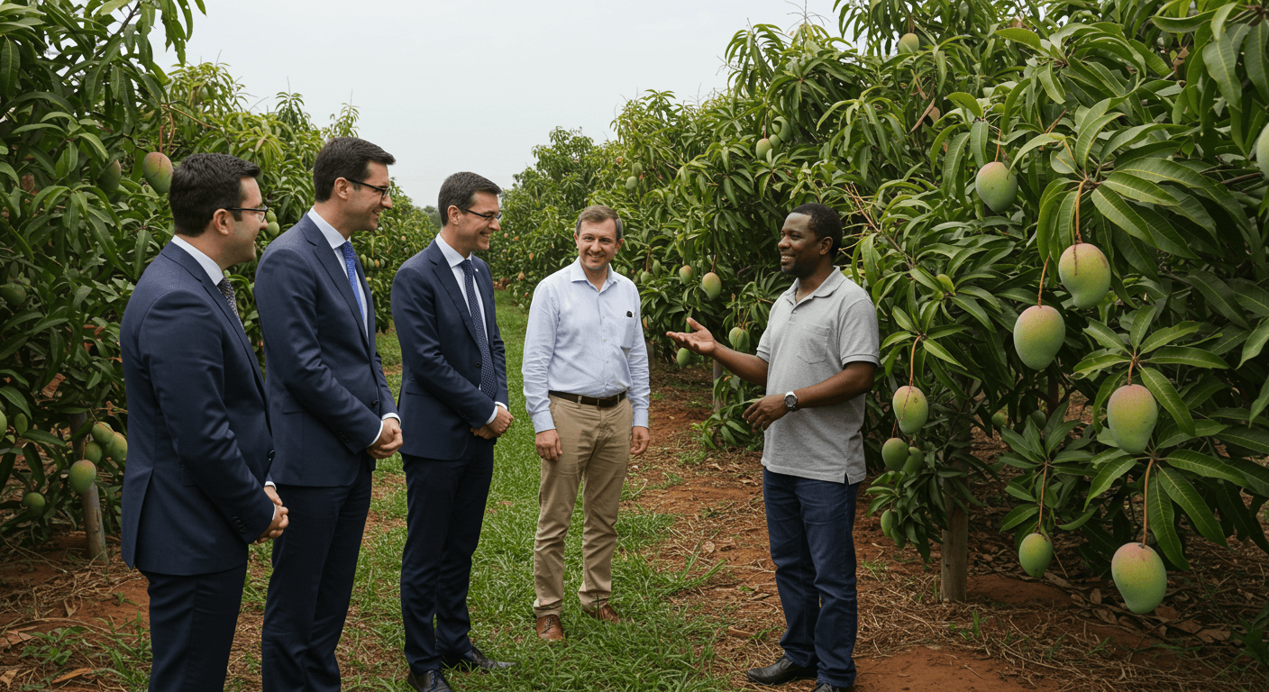 استقبل مالك مزرعة المانجو في ساحل العاج قادة قطاع الأعمال الزراعية الإسبانية في زيارة (صورة مُولَّدة بالذكاء الاصطناعي).