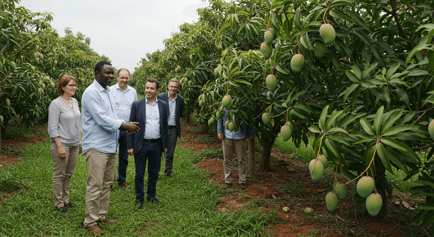 Der ivorische Besitzer einer Mango-Plantage empfing spanische Führungskräfte der Agrarindustrie zu einem Besuch (KI-generiertes Bild).
