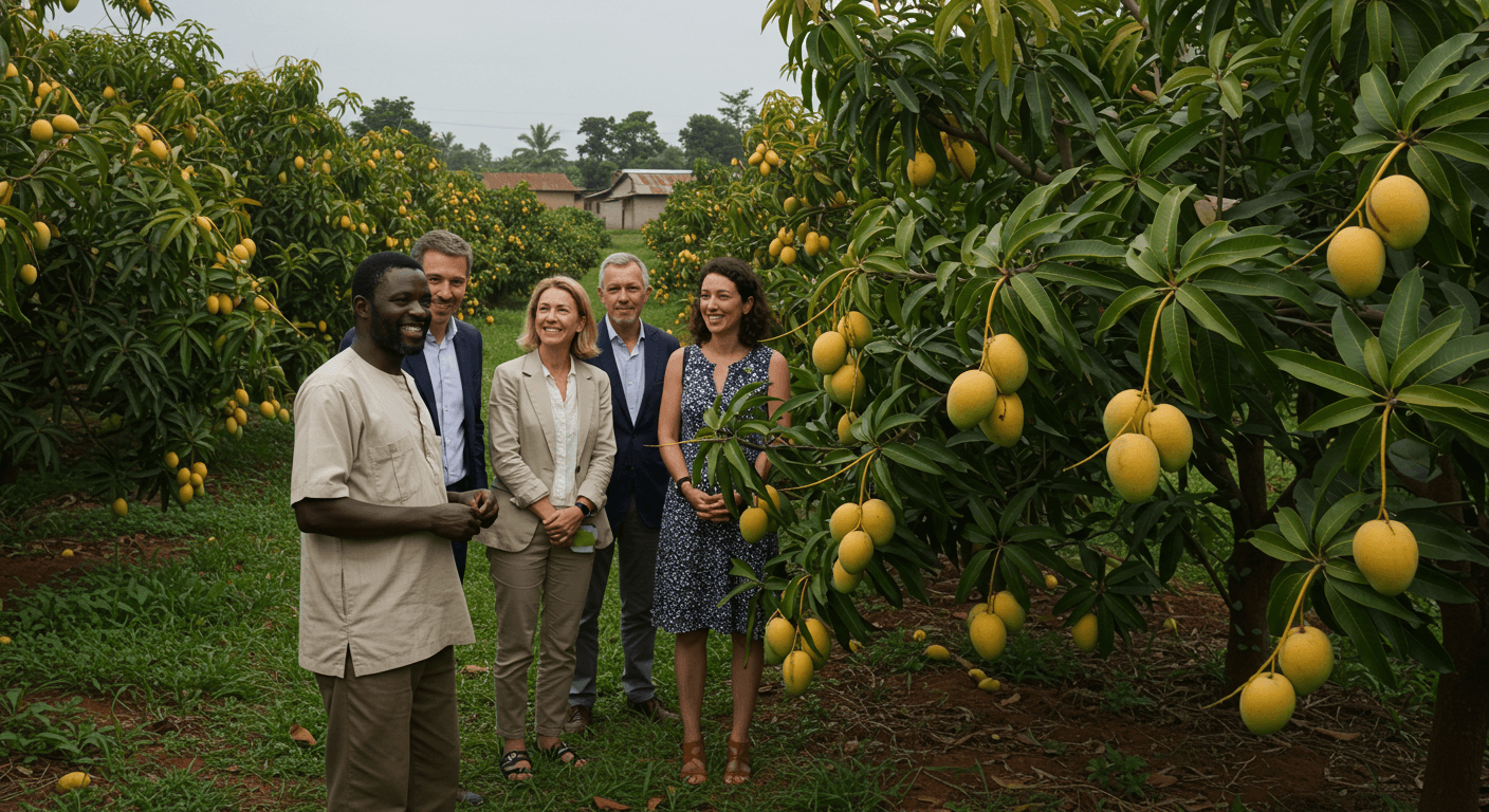 象牙海岸的一位芒果种植园主接待了西班牙农业企业领袖参观（AI生成的图像）。